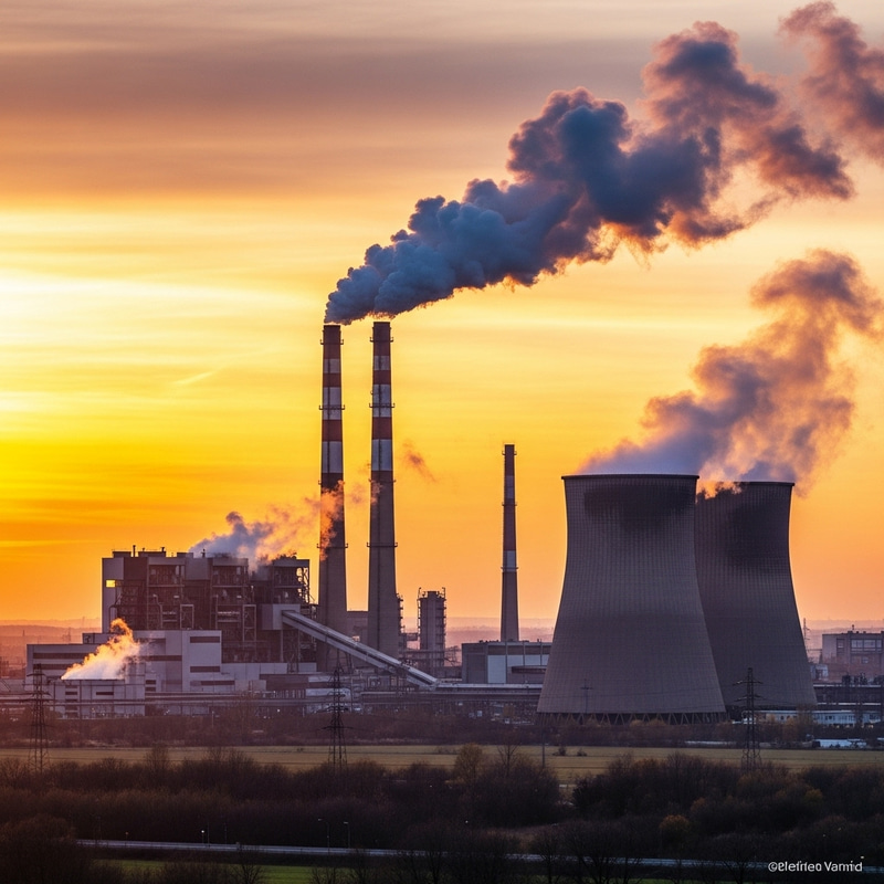 Realistic Industrial Landscape at Sunset | Factory Chimneys & Cooling Tower Realistic Industrial Landscape at Sunset | Factory Chimneys & Cooling Tower