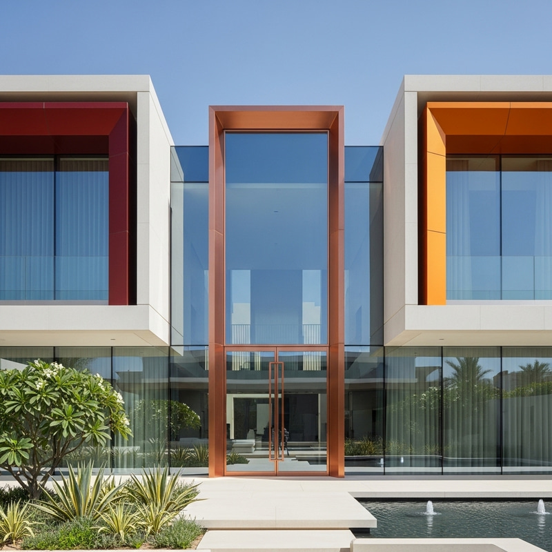 Minimalist Ultra-Modern Villa Facade with Glass & Copper Pivot Door Minimalist Ultra-Modern Villa Facade with Glass & Copper Pivot Door