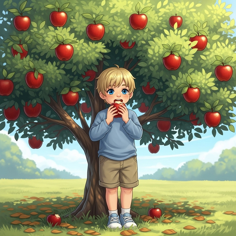 Serene Illustration of Young Boy Eating Apple by Lush Tree