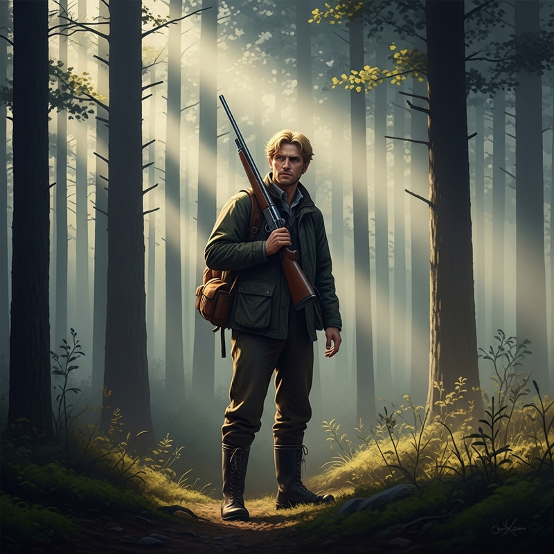 Tall Blond Hunter with Gun in Forest Tall Blond Hunter with Gun in Forest