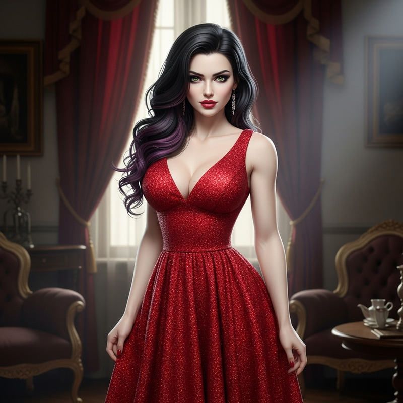 Caucasian Woman with Dark Purple Highlights in Vivid Scarlet Red Dress
