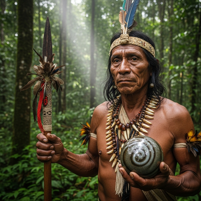 Ecuadorian Indigenous Holding Spear and Human Head Ecuadorian Indigenous Holding Spear and Human Head