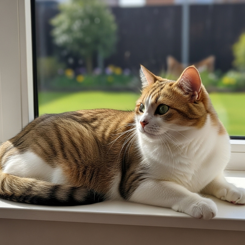 Beautiful Golden and White Cat Sunbathing on Window Sill Beautiful Golden and White Cat Sunbathing on Window Sill