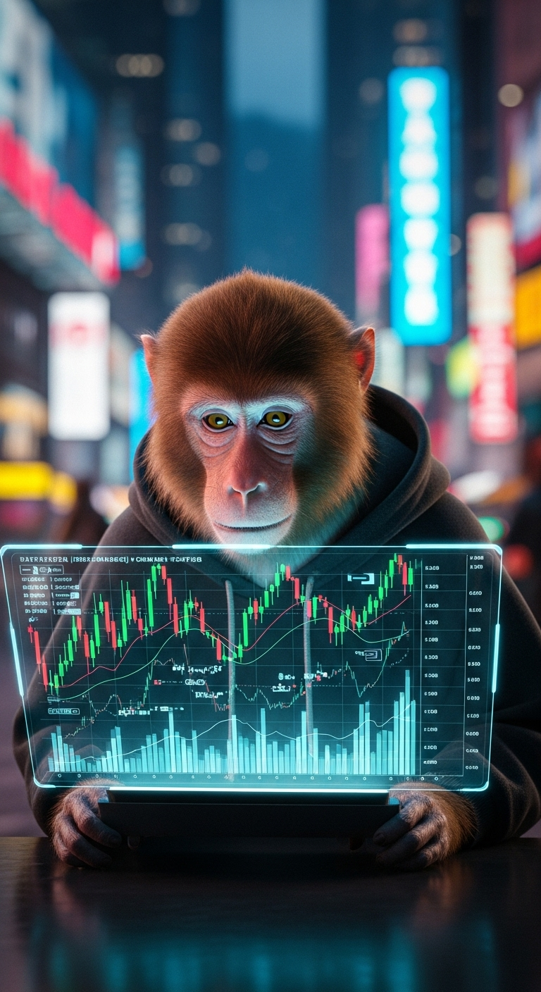 Monkey in Black Hoodie Observing Trading Charts in Urban Neon Setting