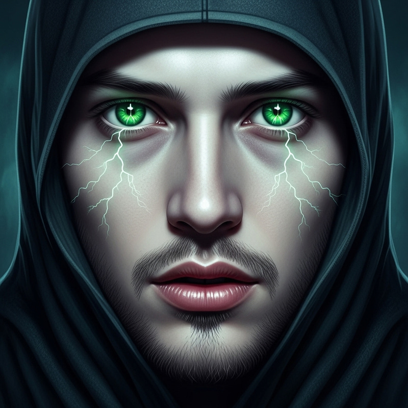 Ghostly Man with Fiery Green Eyes, Thunderous Gaze, and Pale Red Lips