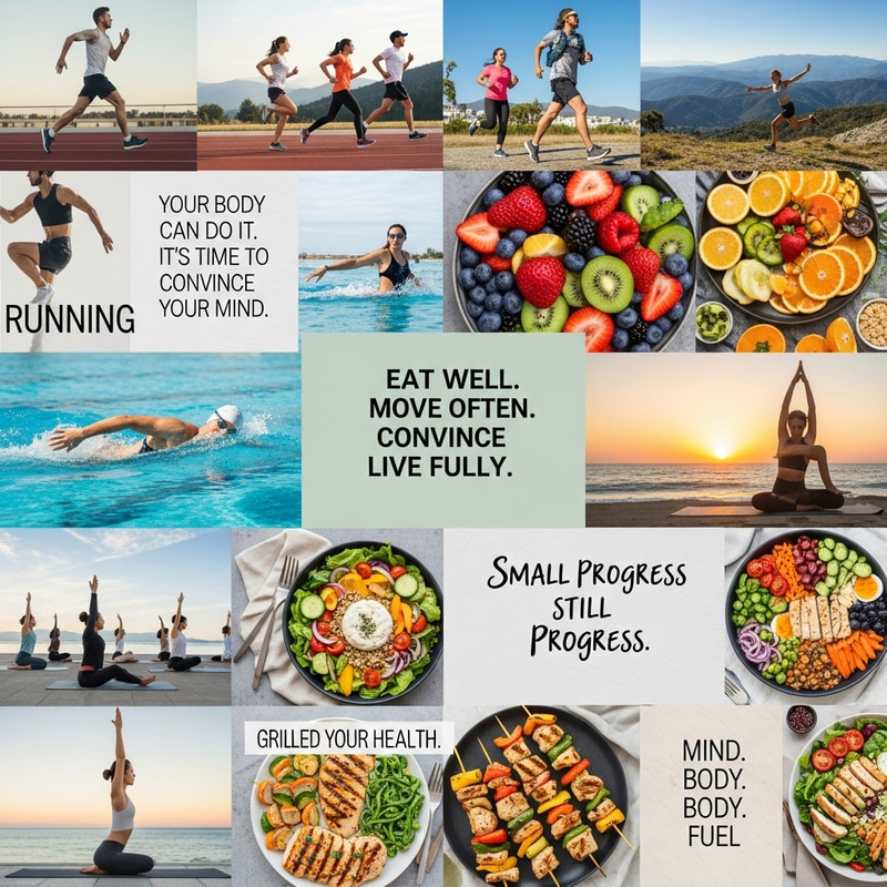 Active Lifestyle Mood Board: Fitness, Healthy Meals, Positive Affirmations