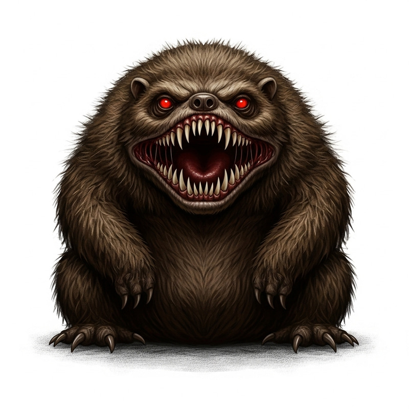 Menacing forest creature with razor-sharp teeth and fiery red eyes Menacing forest creature with razor-sharp teeth and fiery red eyes