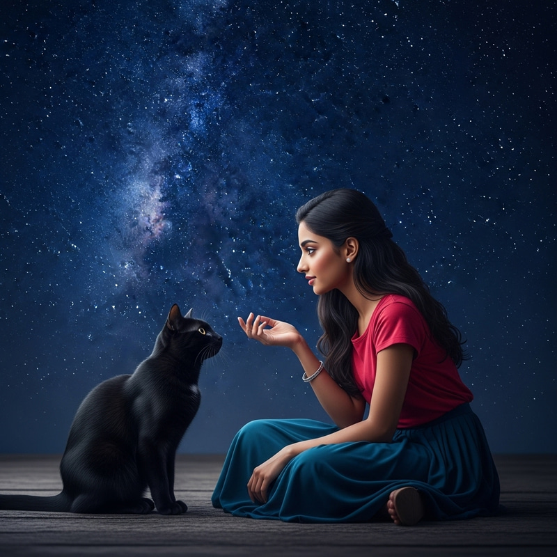 Captivating Scene: Girl with Black Cat under Starry Sky Captivating Scene: Girl with Black Cat under Starry Sky