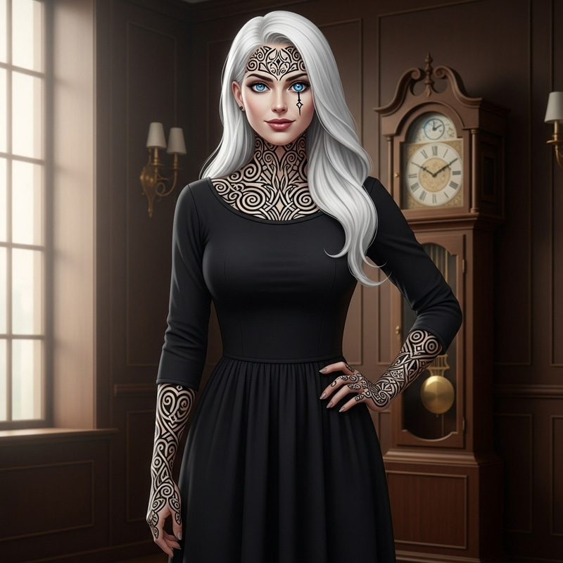 White-Haired Woman with Blue Eyes, Clock Hand-shaped Pupil, Body Tattoos, and Black Dress