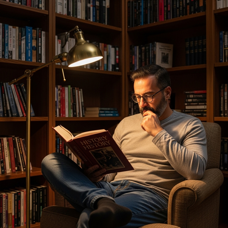 Tranquil Home Library: Engrossed Middle-Eastern Man Reading a History Book Tranquil Home Library: Engrossed Middle-Eastern Man Reading a History Book
