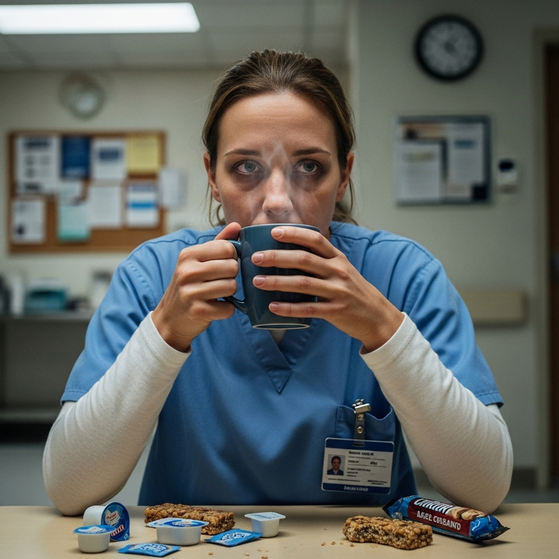 Exhausted Hospital Employee Drinking Coffee Exhausted Hospital Employee Drinking Coffee