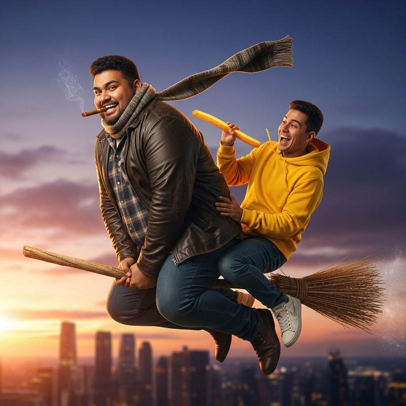 Joyful Man Riding Broomstick Smoking Cigar and Smiling Evilly Joyful Man Riding Broomstick Smoking Cigar and Smiling Evilly