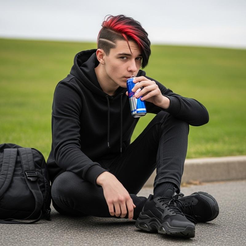 Edgy Teen with Black and Red Split Hairstyle & Energy Drink Edgy Teen with Black and Red Split Hairstyle & Energy Drink