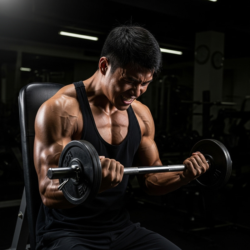 Intense Asian Bodybuilder Workout in Dimly Lit Gym Intense Asian Bodybuilder Workout in Dimly Lit Gym