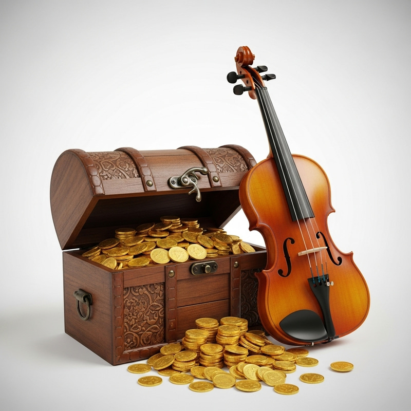 Antique Treasure Chest with Gold Coins and Violin on White Background