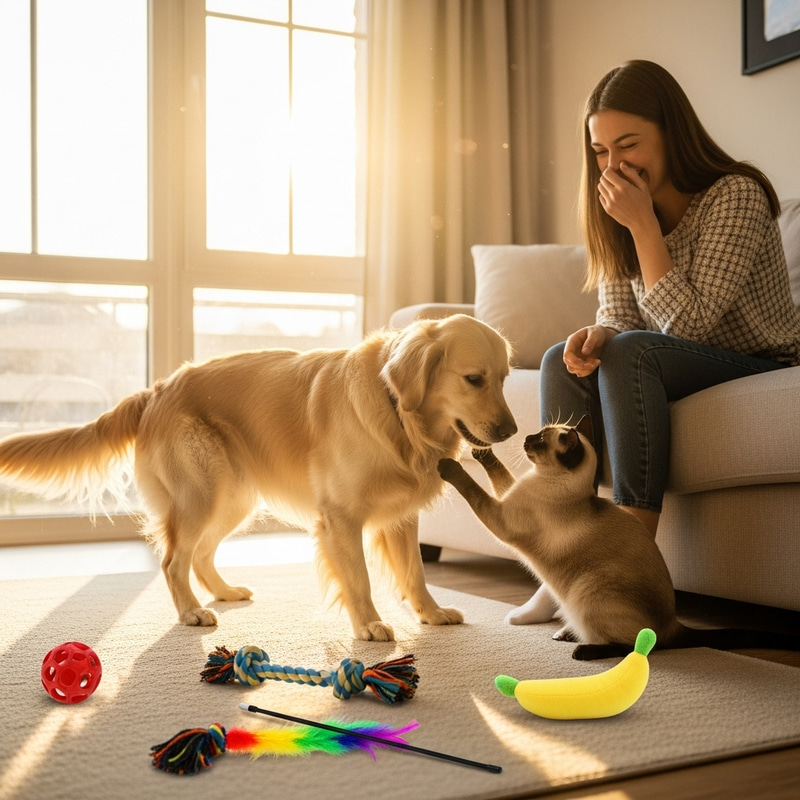 Dog and Cat Playfully Compete for Attention Dog and Cat Playfully Compete for Attention