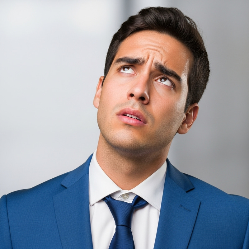 Young Man in Blue Business Suit with Head Spinning in Stress Mask
