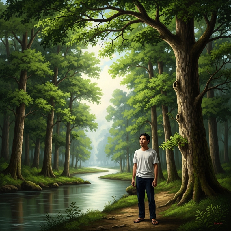 Serene Filipino Man in Nature: Romantic Landscape Painting Serene Filipino Man in Nature: Romantic Landscape Painting