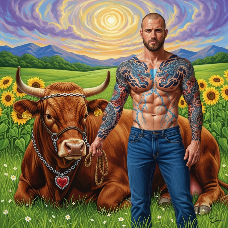 Serene Bull & Man in Colorful Field Painting