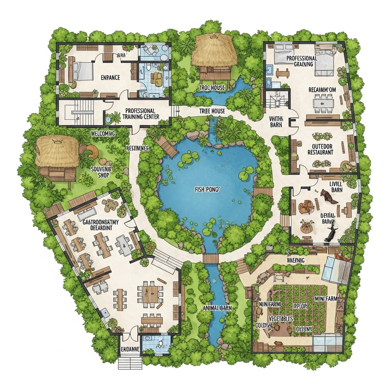 Nature-Inspired Floor Plan: Fishpond, Receiving Area, Souvenir Shop, Training Center, Tree House, Nipa Hut, Wellness Spa, Restaurant Nature-Inspired Floor Plan: Fishpond, Receiving Area, Souvenir Shop, Training Center, Tree House, Nipa Hut, Wellness Spa, Restaurant