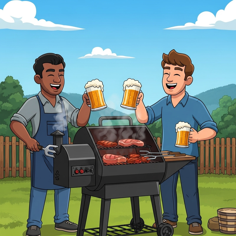 Cartoon Hillbillies Enjoying Pellet Grill BBQ and Beer Cartoon Hillbillies Enjoying Pellet Grill BBQ and Beer