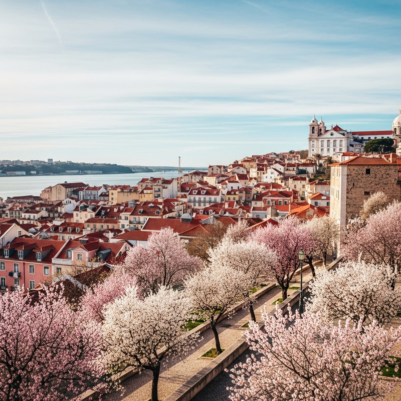 Beautiful Almond Trees in Lisbon Cityscape Beautiful Almond Trees in Lisbon Cityscape