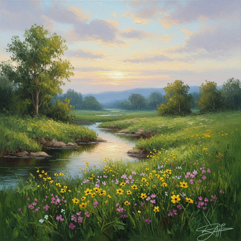 Lush Green Landscape with Wildflowers | Nature Impressionism