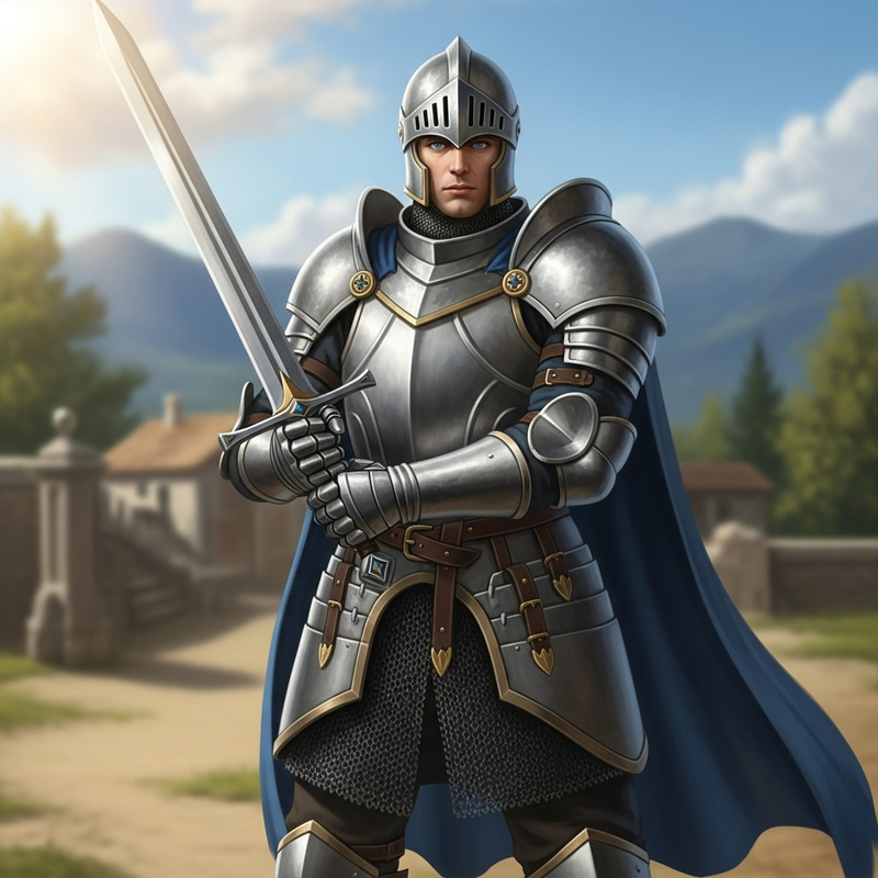 Medieval Knight with Striking Blue Eyes in Fantasy Battle Scene Medieval Knight with Striking Blue Eyes in Fantasy Battle Scene