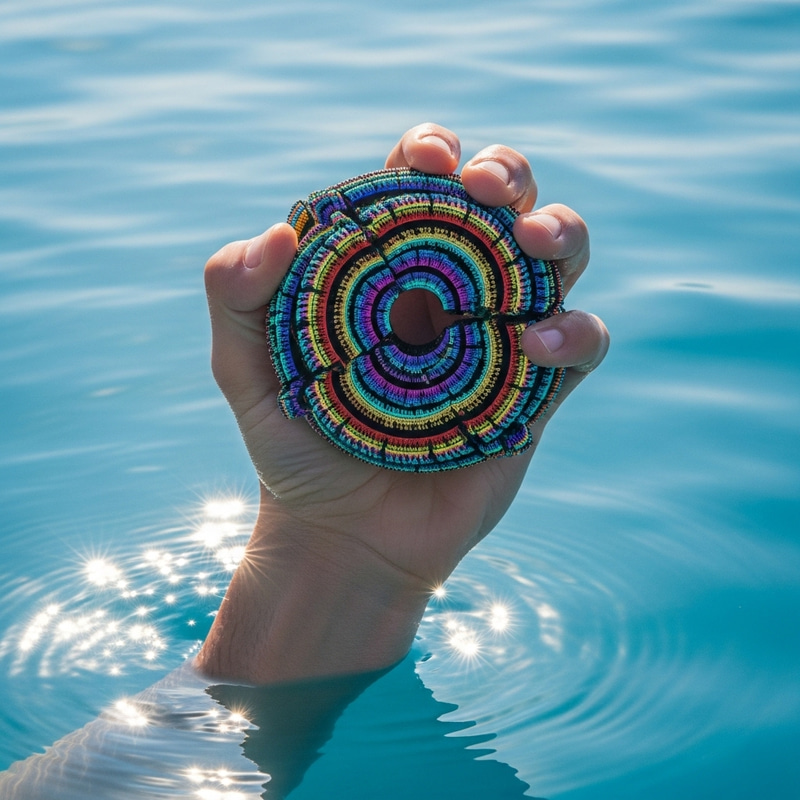 Hand Emerging from Clear Blue Water Holding Vibrant Geometric Object Hand Emerging from Clear Blue Water Holding Vibrant Geometric Object