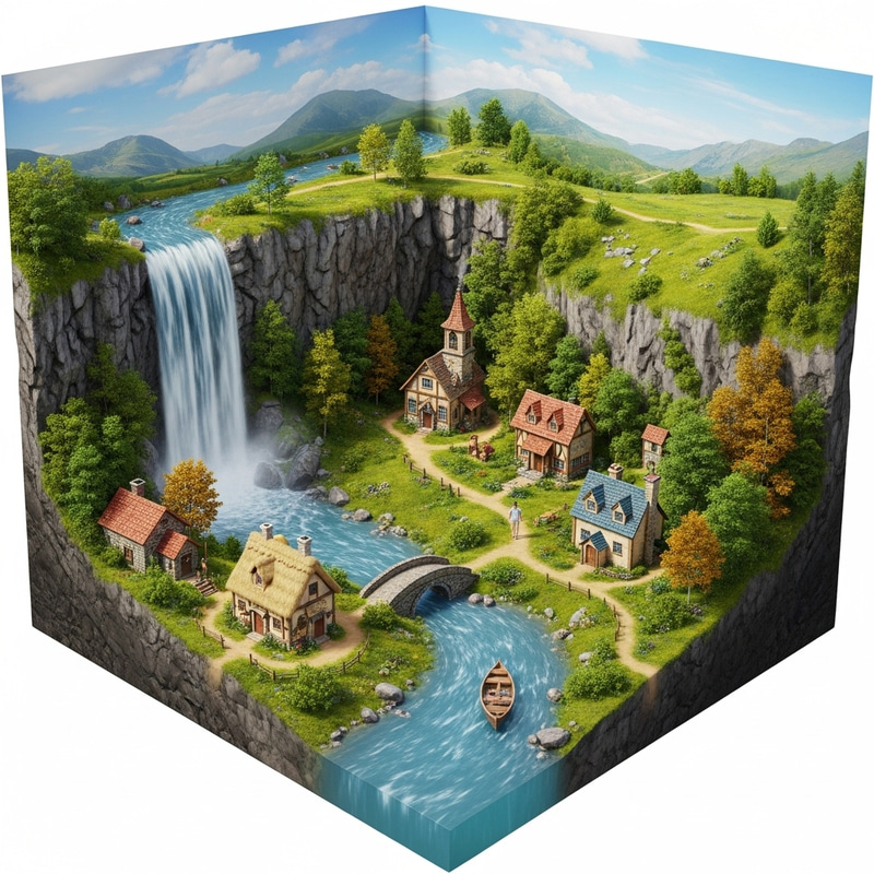 Miniature 3D Waterfall Village Scene with River