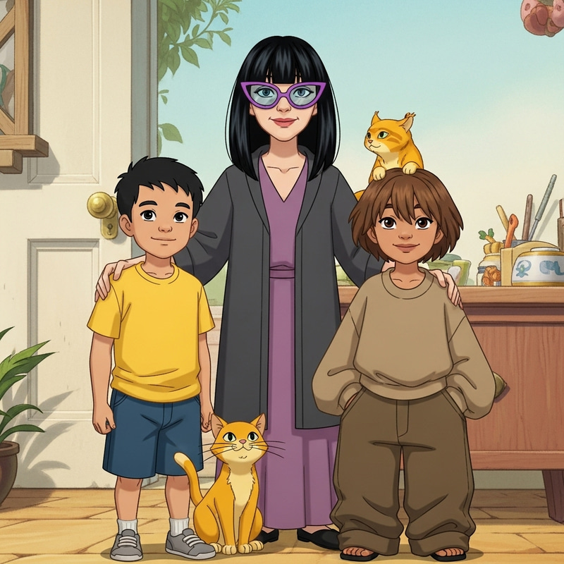 Whimsical Family Scene: Mother with Diverse Teenagers & Yellow Cat