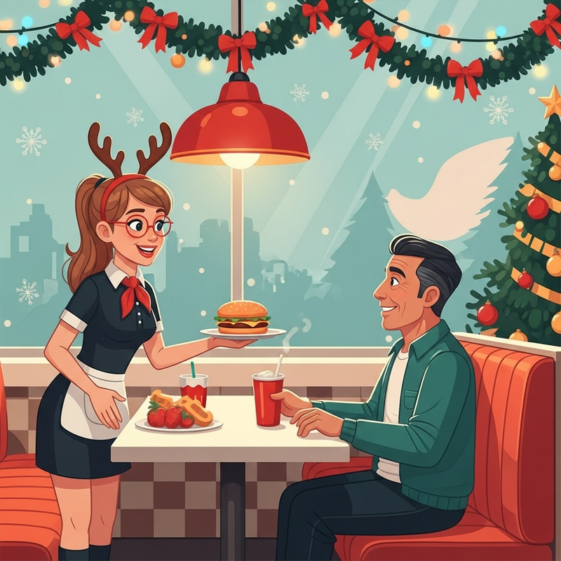 Heartwarming Christmas Fast Food Scene with Festive Service Heartwarming Christmas Fast Food Scene with Festive Service