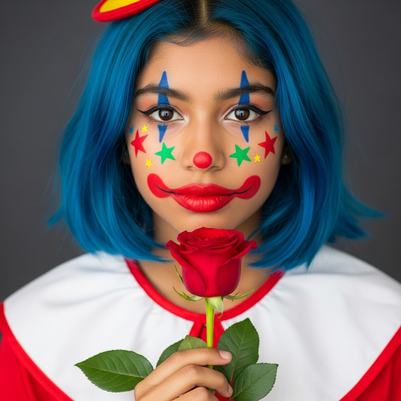 Blue-Haired Clown Girl with Rose in Whimsical Makeup