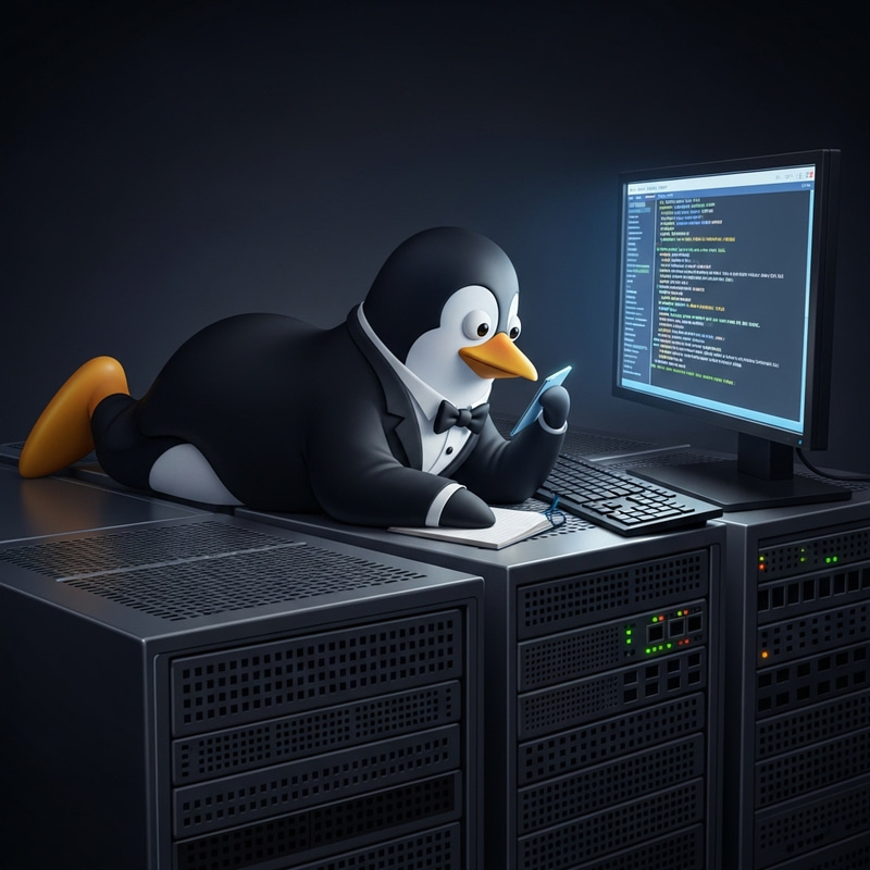Tux Penguin on Server Stack Managing Network | Tech-Savvy Server Penguin Tux Penguin on Server Stack Managing Network | Tech-Savvy Server Penguin