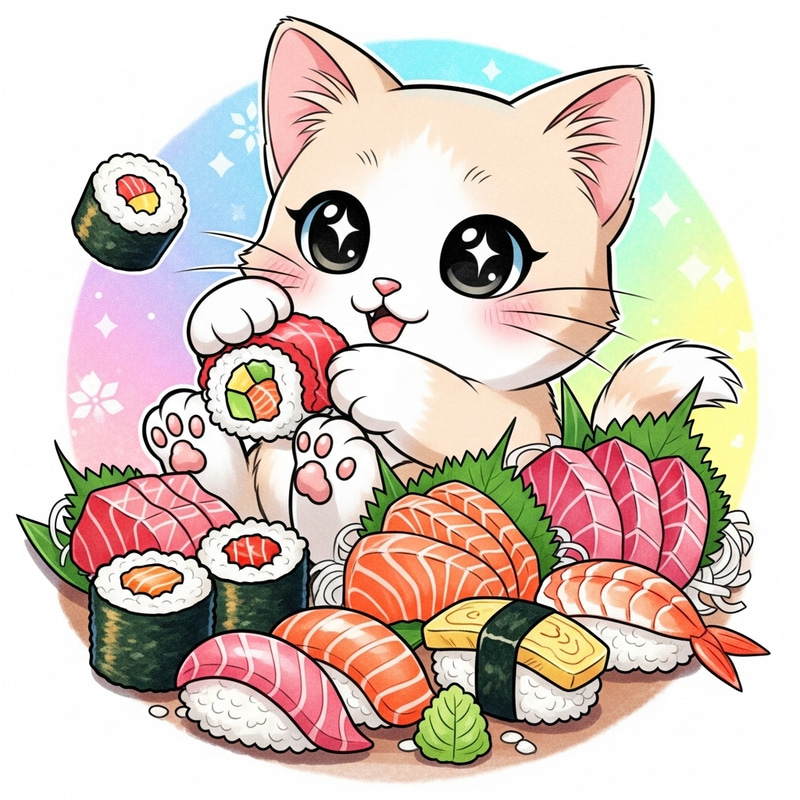 Kawaii Cat Cartoon Surrounded by Sushi in Anime Style Kawaii Cat Cartoon Surrounded by Sushi in Anime Style