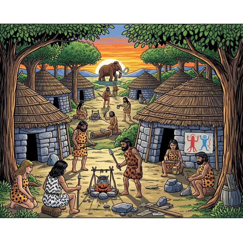 Colorful Stone Age Scene | Vivid Primitive Era Illustration Colorful Stone Age Scene | Vivid Primitive Era Illustration