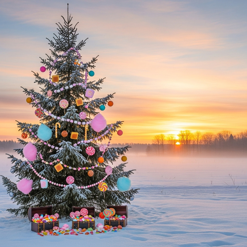 Spruce Tree Adorned with Sweets in Snowy Sunrise Field Spruce Tree Adorned with Sweets in Snowy Sunrise Field