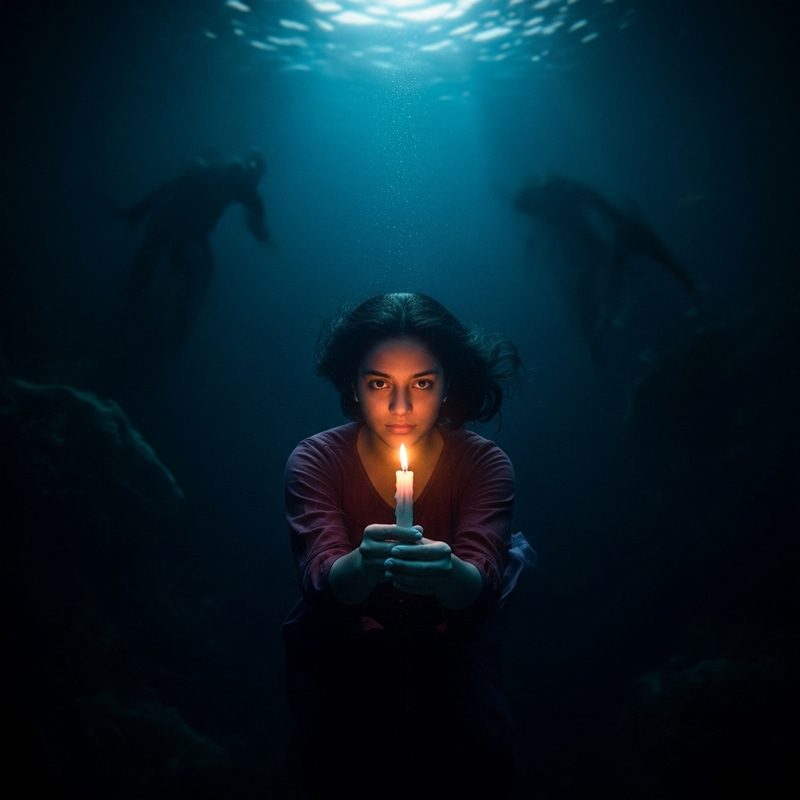 Young Hispanic Girl Submerged in Enigmatic Depths with Flickering Candle Young Hispanic Girl Submerged in Enigmatic Depths with Flickering Candle