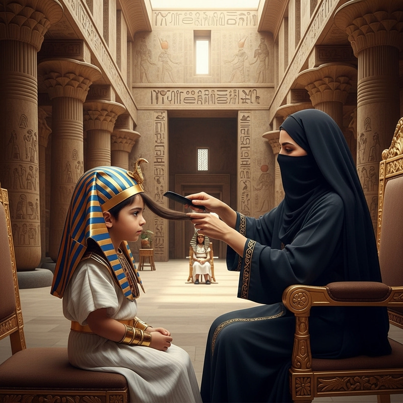 Veiled Woman Combines Son's Hair in Pharaonic Palace Veiled Woman Combines Son's Hair in Pharaonic Palace