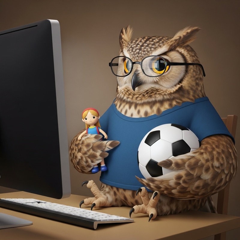 Smart Owl in T-Shirt on Computer with Doll and Soccer Ball