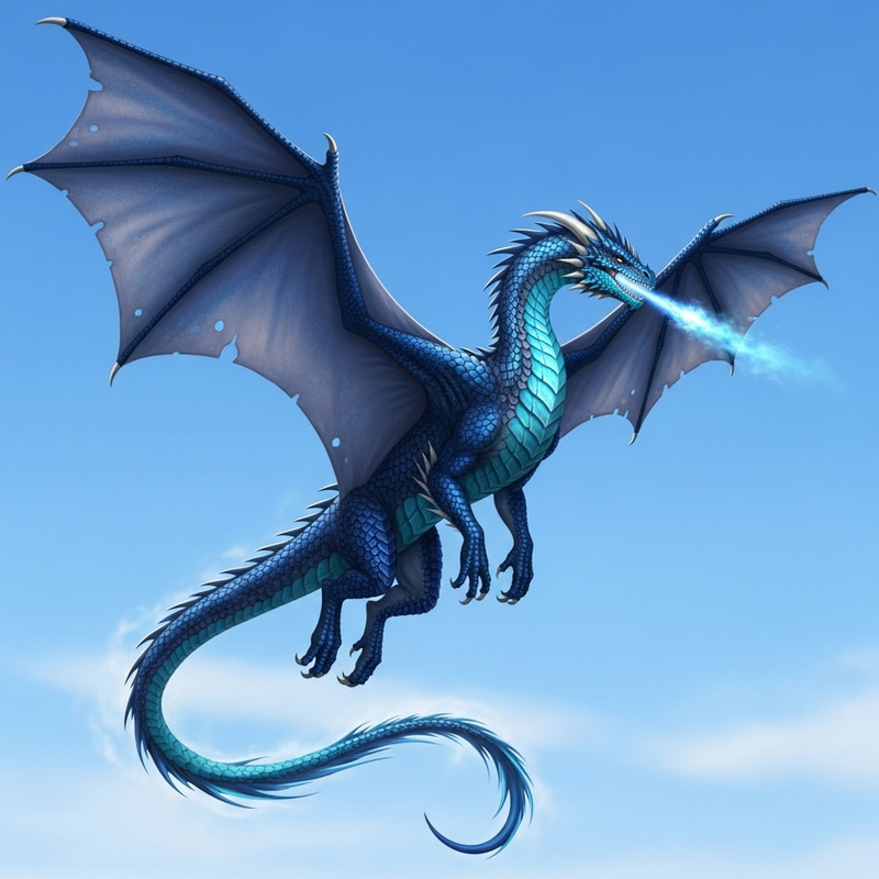 Majestic Blue Dragon Soaring Across Azure Skies Majestic Blue Dragon Soaring Across Azure Skies