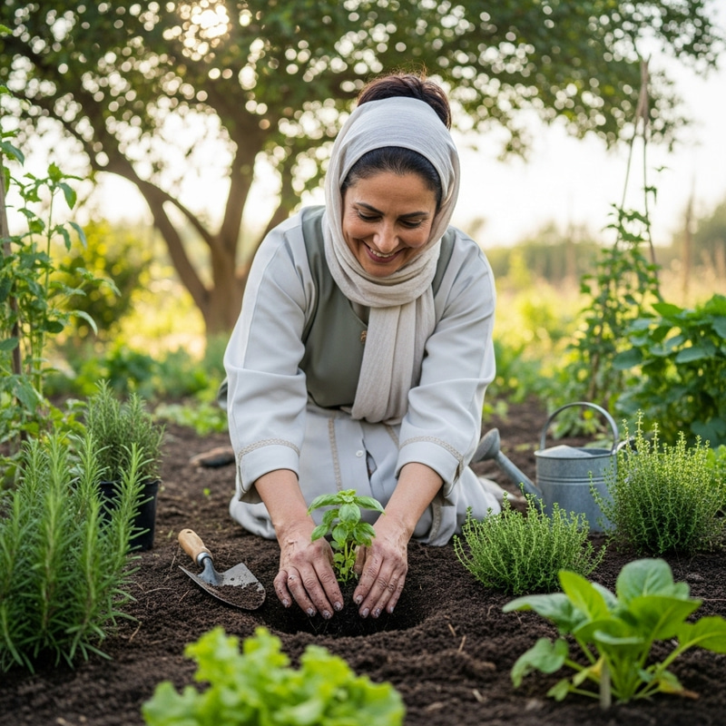 Arab Woman Gardening in Beautiful Greenery
