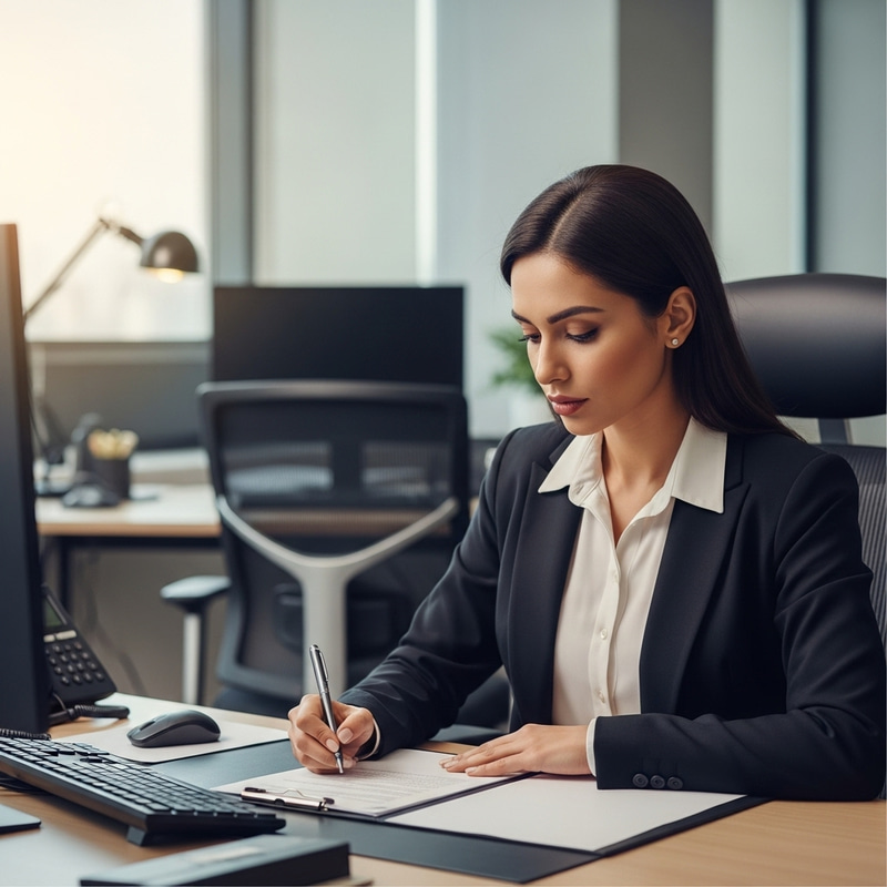 Professional Woman Reviewing Document in Office