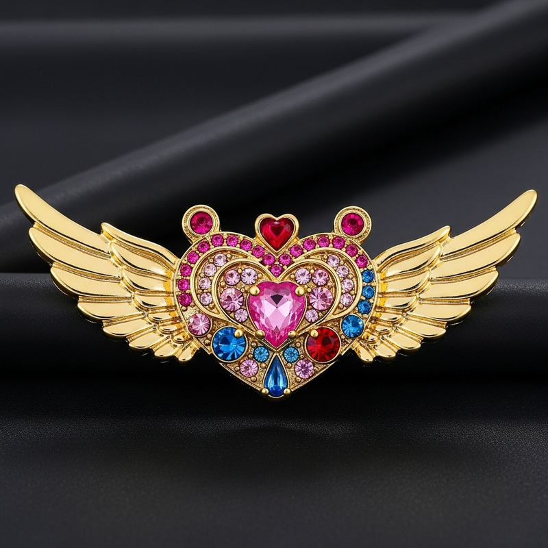 Sailor Moon Heart Brooch with Gemstones & Golden Wings