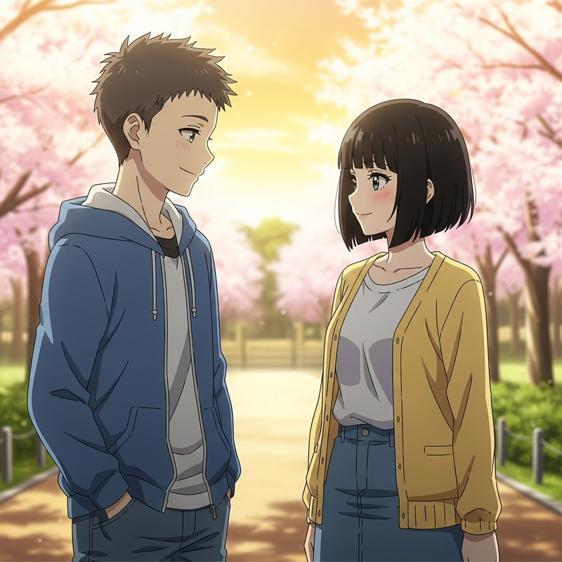 Anime-Style Scene with Short-Haired Boy & Black Bob Hairdo Girl