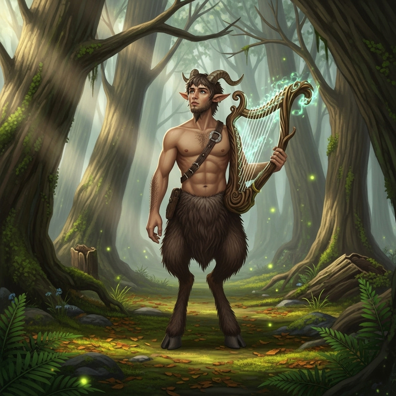 Enchanting Satyr Playing a Magical Harp in the Forest Enchanting Satyr Playing a Magical Harp in the Forest