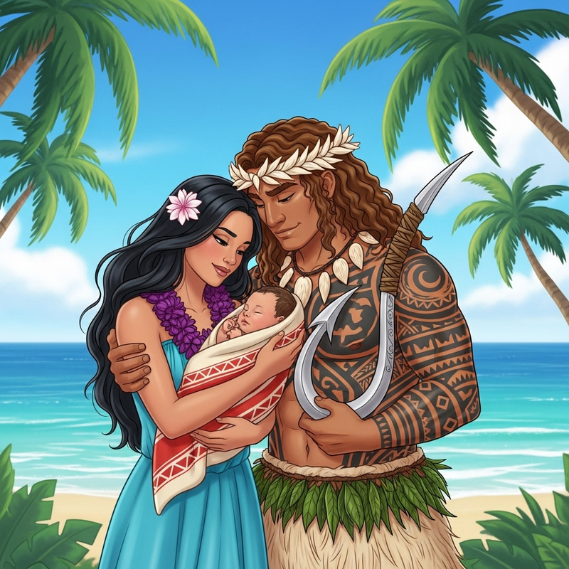 Moana and Maui with Newborn Baby - Heartwarming Family Scene