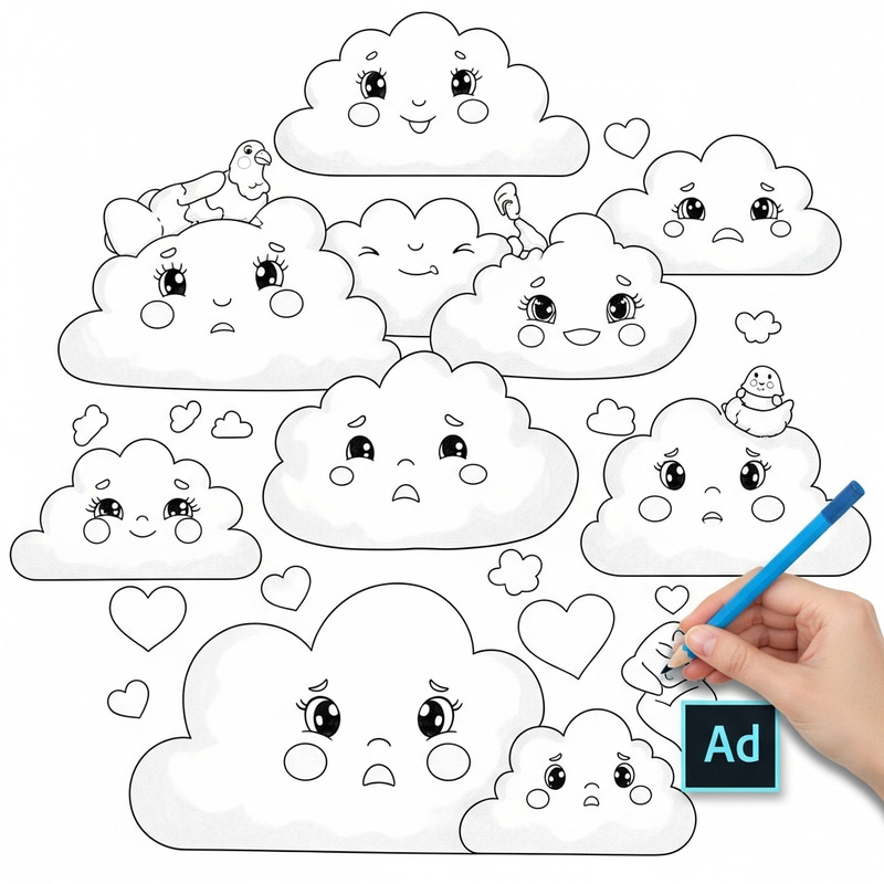 Whimsical Clouds Coloring Page | Emotional Exploration for Children Whimsical Clouds Coloring Page | Emotional Exploration for Children