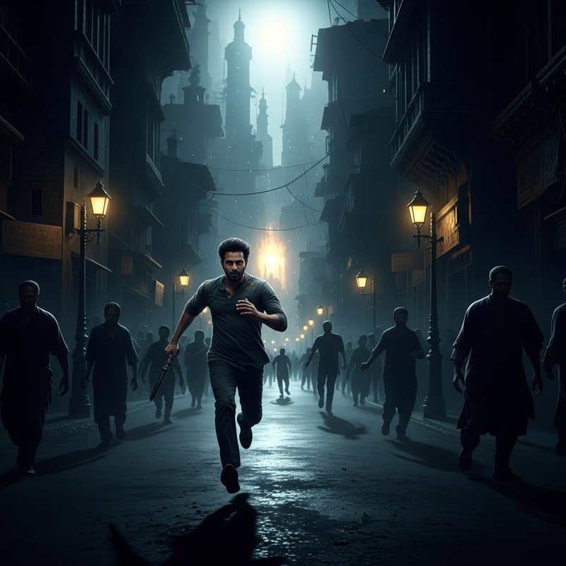 Surreal Scene of Man Running in Dark City Towards Bright Light Surreal Scene of Man Running in Dark City Towards Bright Light