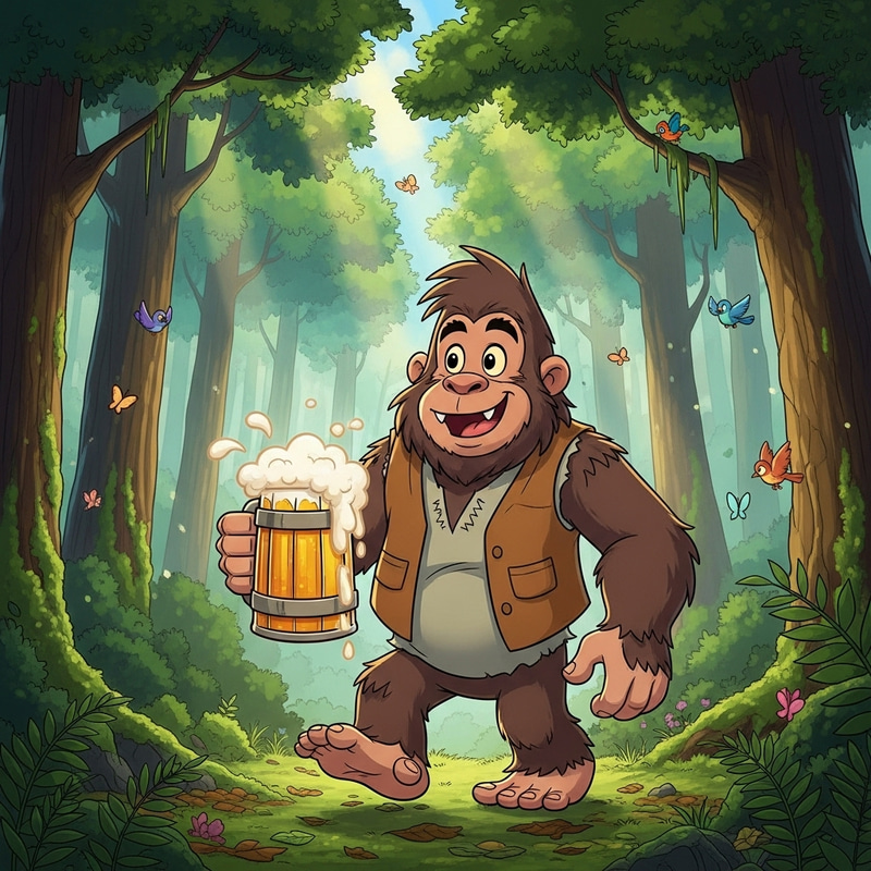 Cartoon Sasquatch Enjoying Beer in Relaxing Forest Cartoon Sasquatch Enjoying Beer in Relaxing Forest